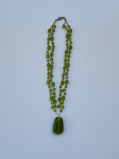 Vintage Green Glass Bead Double Strand Necklace with Statement Pendant Y2K Boho Jewelry