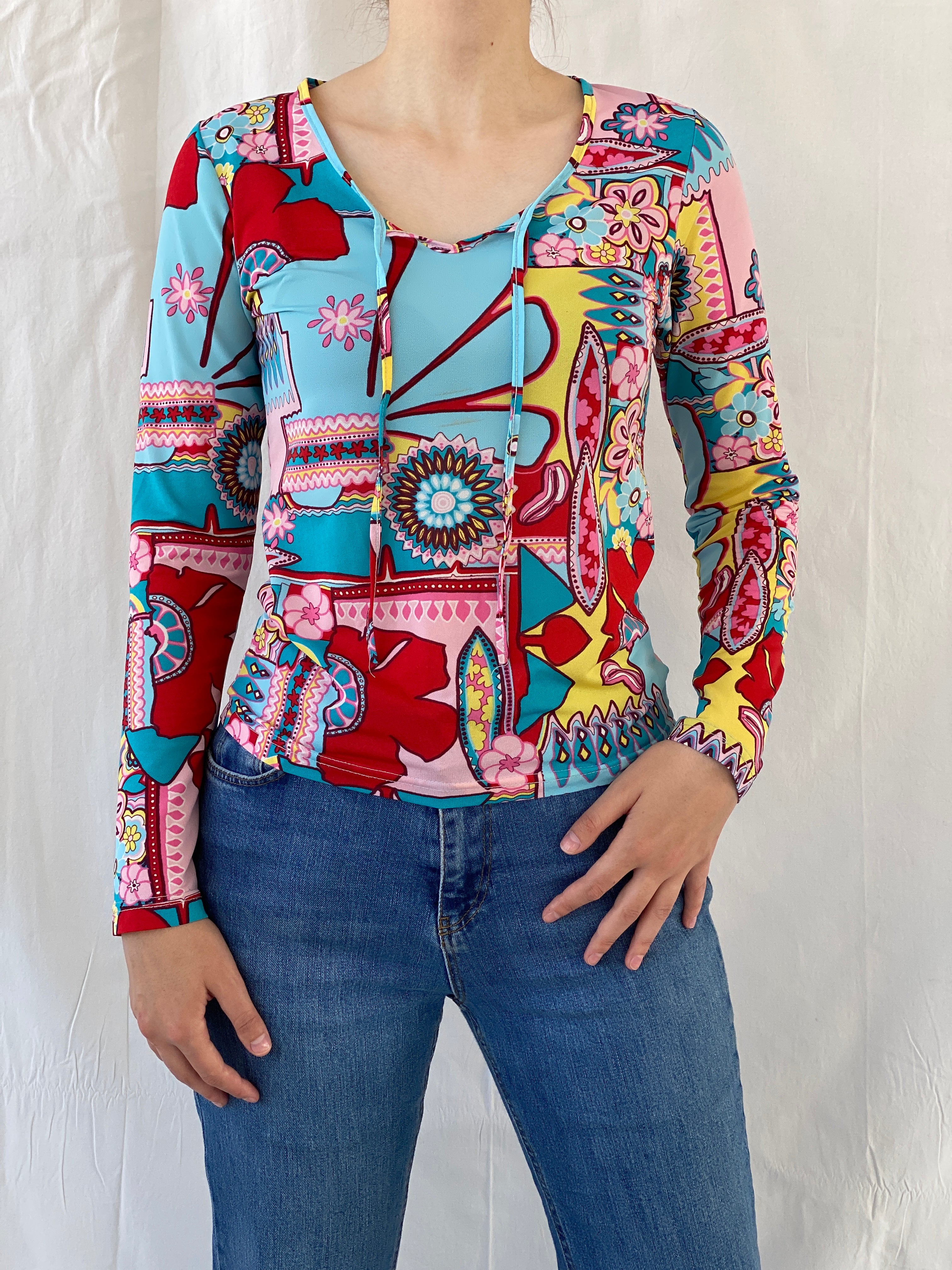 Vintage Colorful Mandala Floral Print Blouse Long Sleeve Groovy Top - M