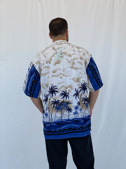 Vintage Ferugini Hawaiian Blue and Beige Palm Trees Hawaii Shirt - L