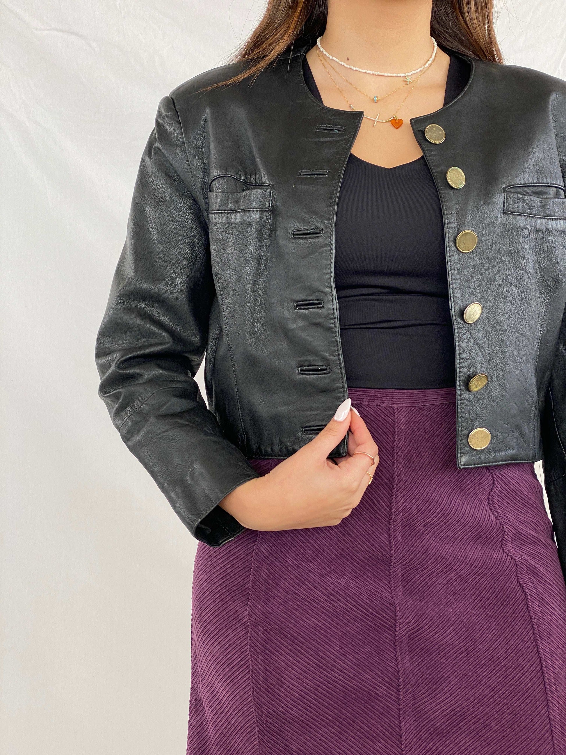 Vintage Gold Buttoned Cropped Genuine Leather Jacket - Balagan Vintage Leather Jacket 90s, genuine leather jacket, Juana, leather jacket, NEW IN