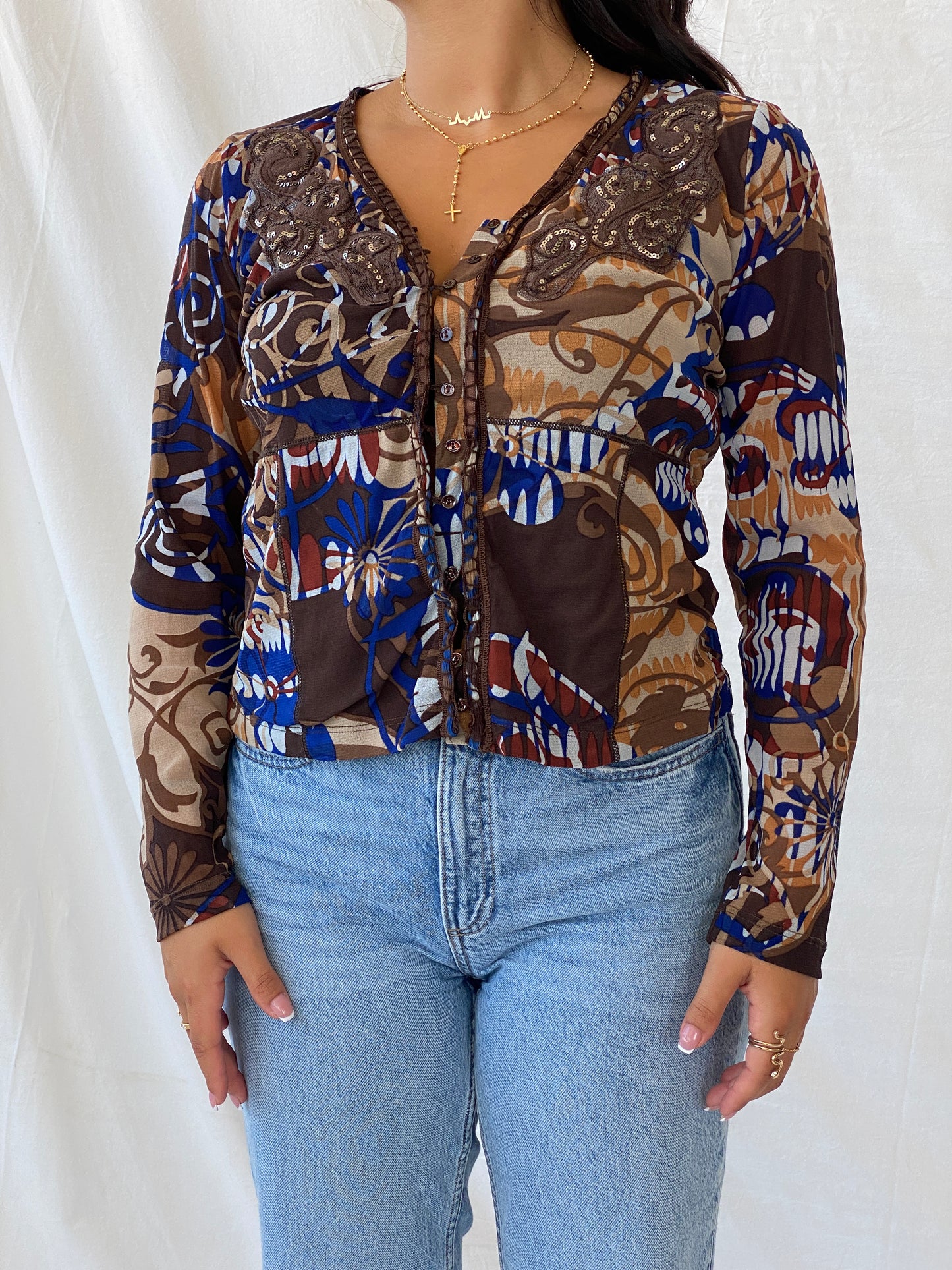 Statement Vintage 90s BiBA Semi-Mesh Floral Brown Button Up Top - S