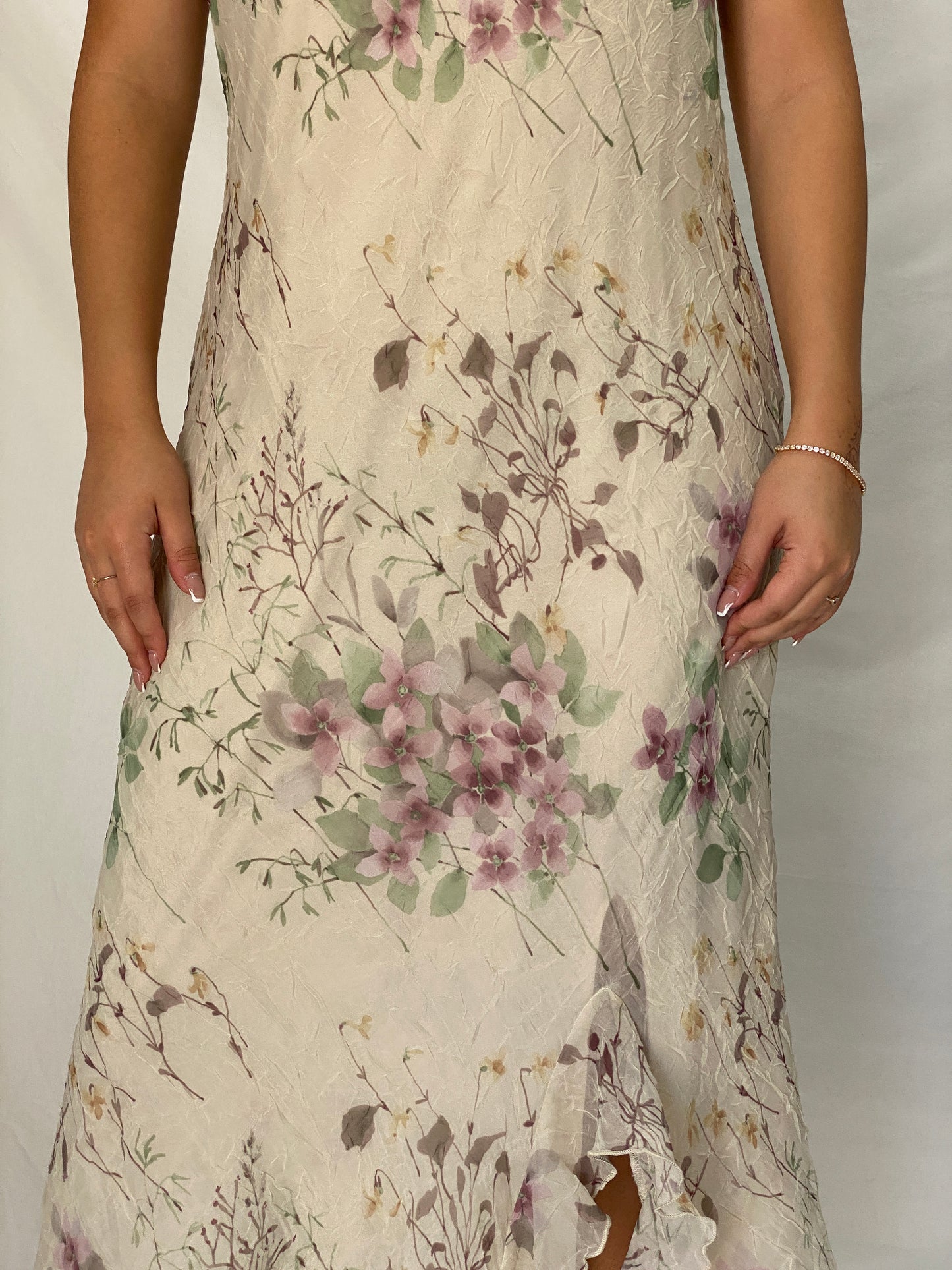 Vintage R&M Richards Ivory Floral Chiffon Handkerchief Hem Maxi Dress – L
