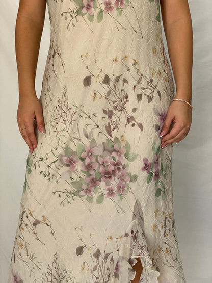 Vintage R&M Richards Ivory Floral Chiffon Handkerchief Hem Maxi Dress – L