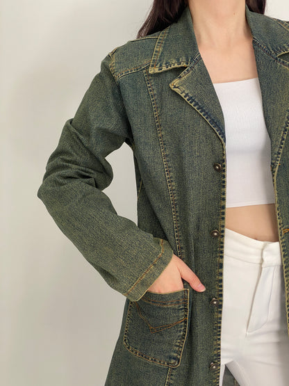 Vintage Y2K C&Y Classic Jeans Olive Blue Cotton Denim Longline Blazer Coat - XL
