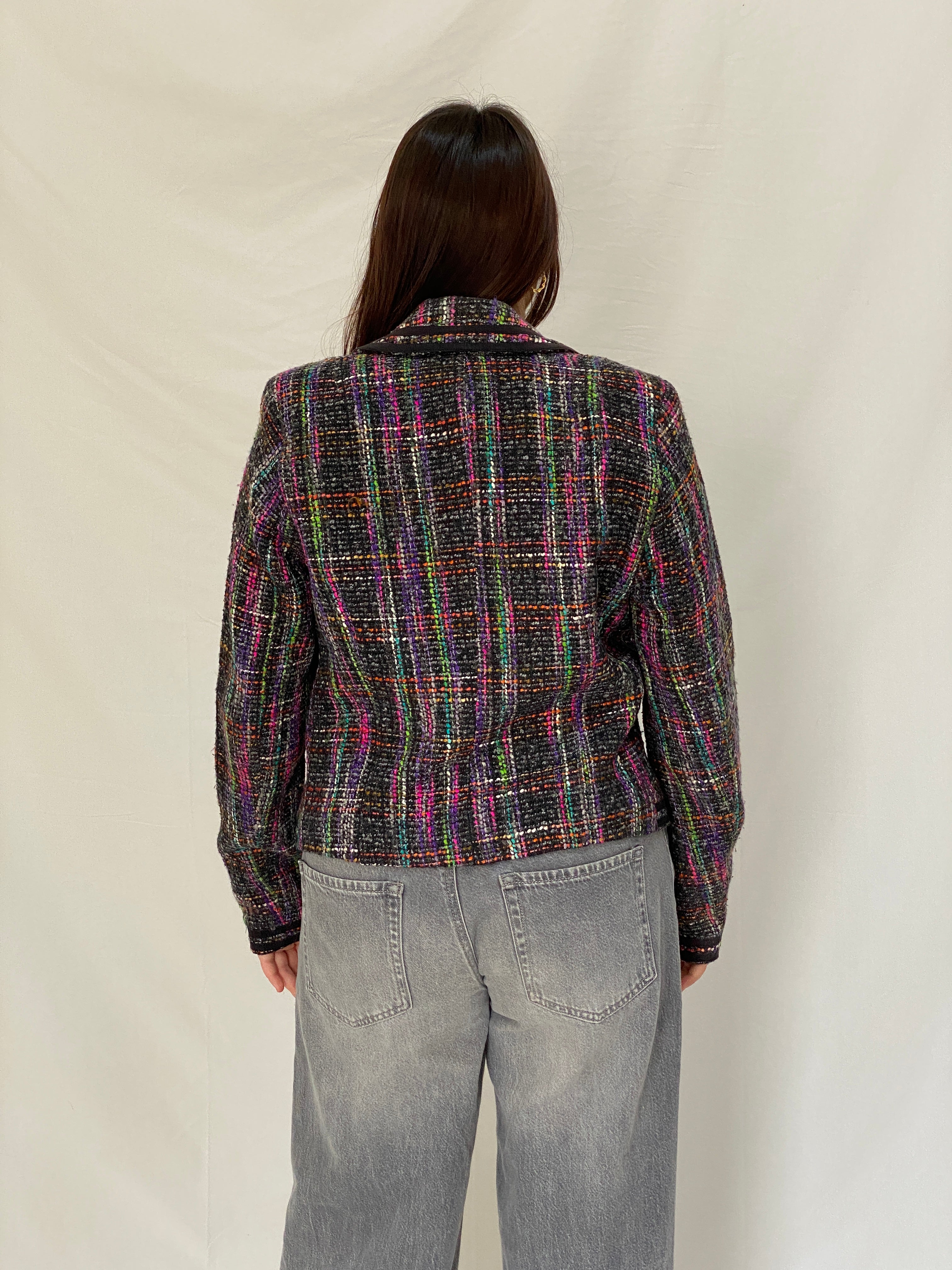 Vintage Knitted Multicolor Cropped Tweed Blazer With Black Trim - M