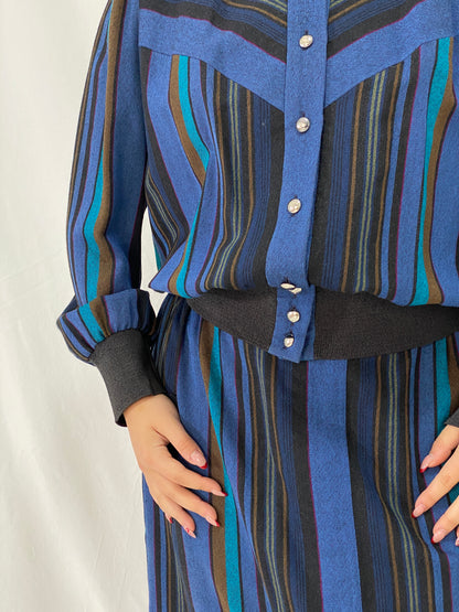 Vintage Pure Wool Sporting Dress Skirt & Jacket Set Blue Striped Two-Piece Set - L