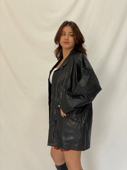 Vintage 80s Black Genuine Leather Longline Coat with Embossed Panels Oversized Fit - L