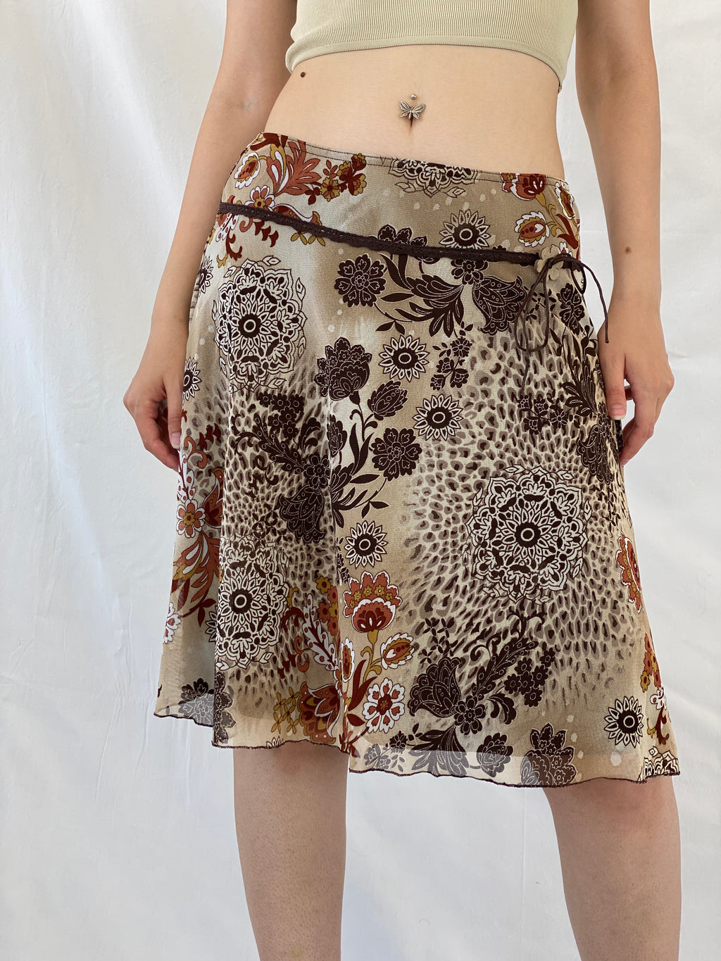 Vintage Xanaka Brown Floral Boho Paisley Print Midi Skirt - M