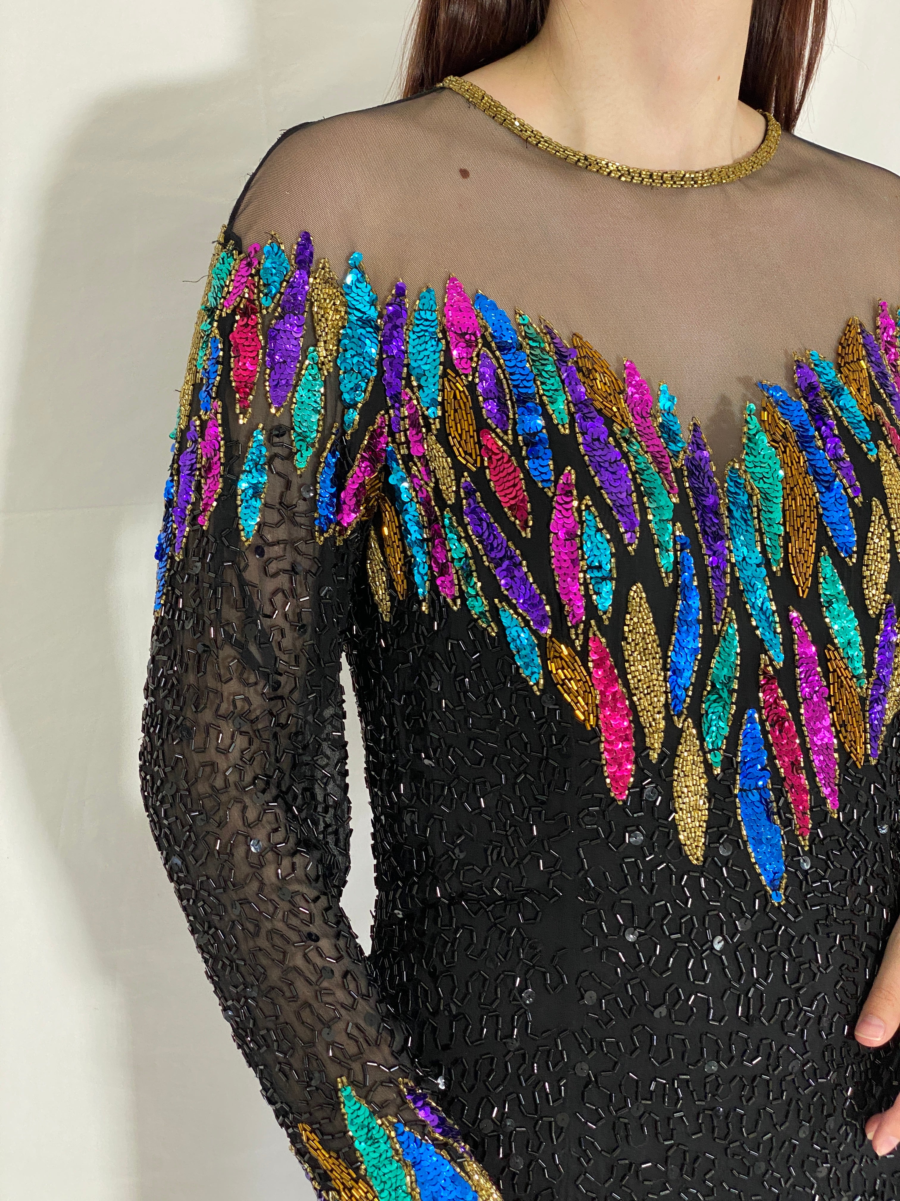 Rare Vintage 80s/90s NITE Line Beaded Silk Heavy Party Dress - M