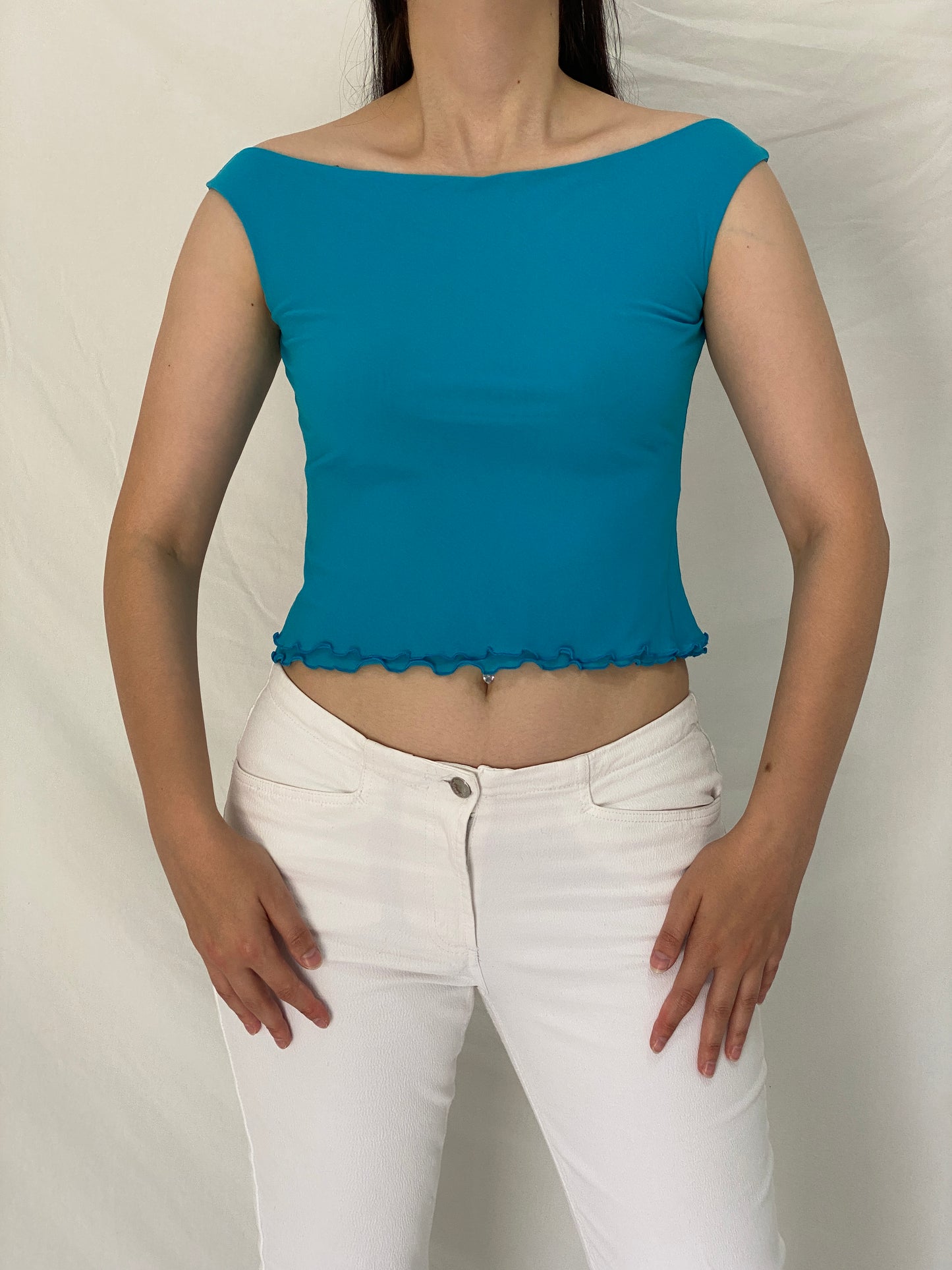 Vintage Y2K Vidrio Turquoise Blue Stretch Boat Neck Lettuce Hem Top - M