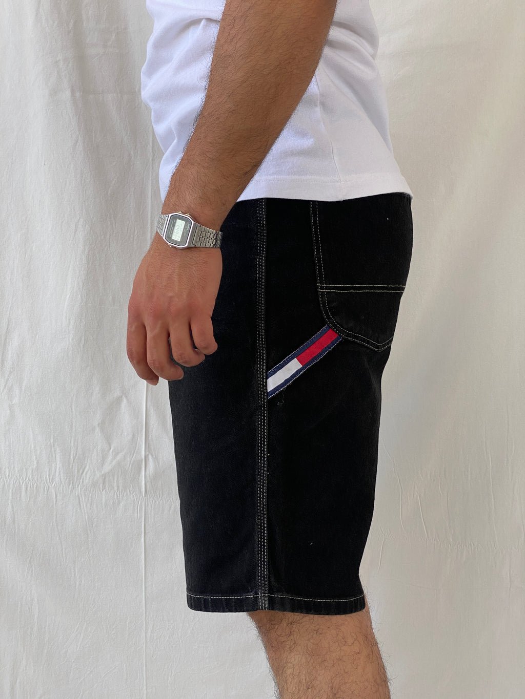 Vintage Y2K Tommy Jeans Hilfiger Black Carpenter Denim Shorts 2003 Baggy Hip Hop Jorts