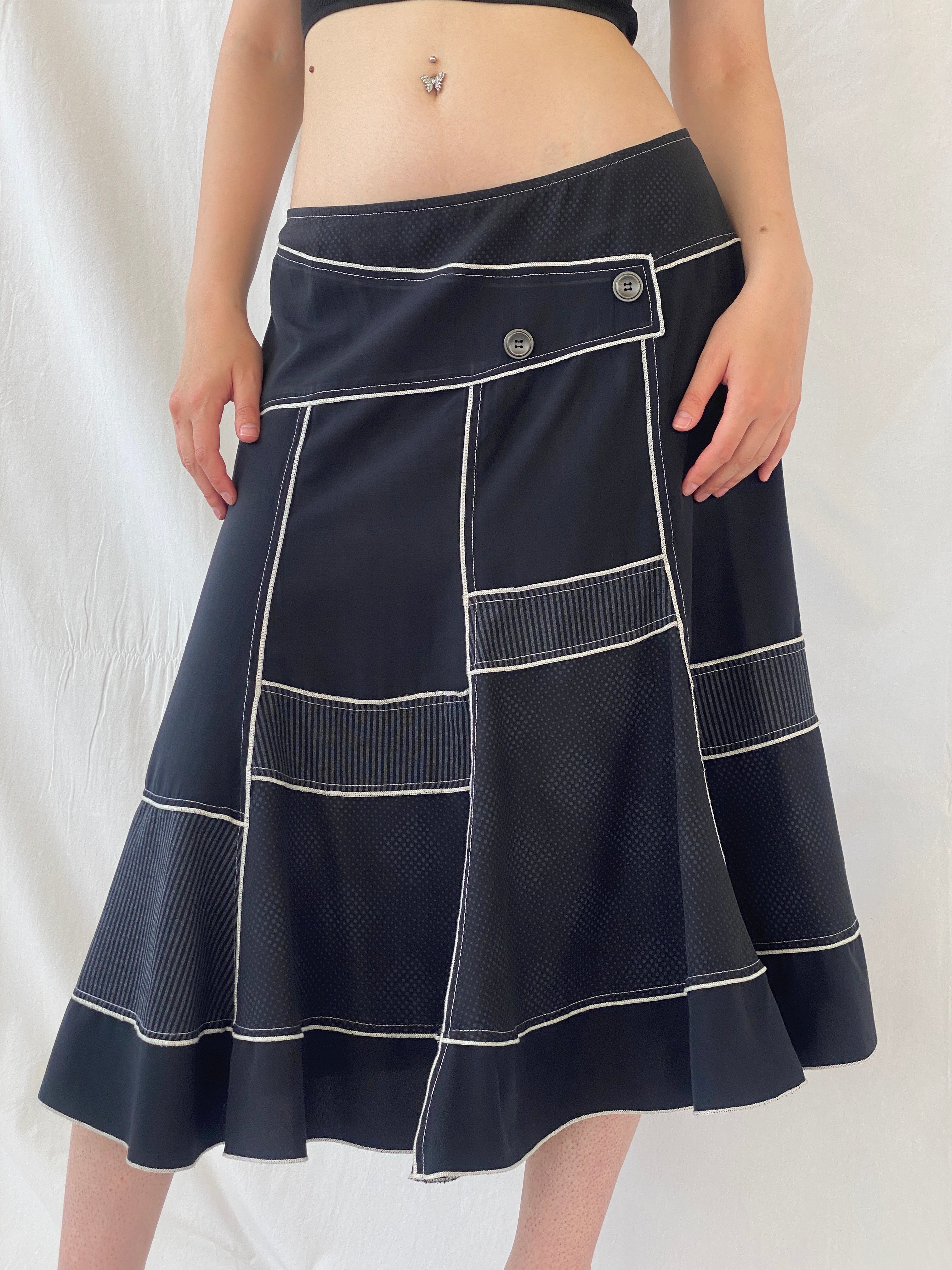 Vintage Fiorella Di Verdi Black Midi Whimsy Goth Patchwork Skirt - L