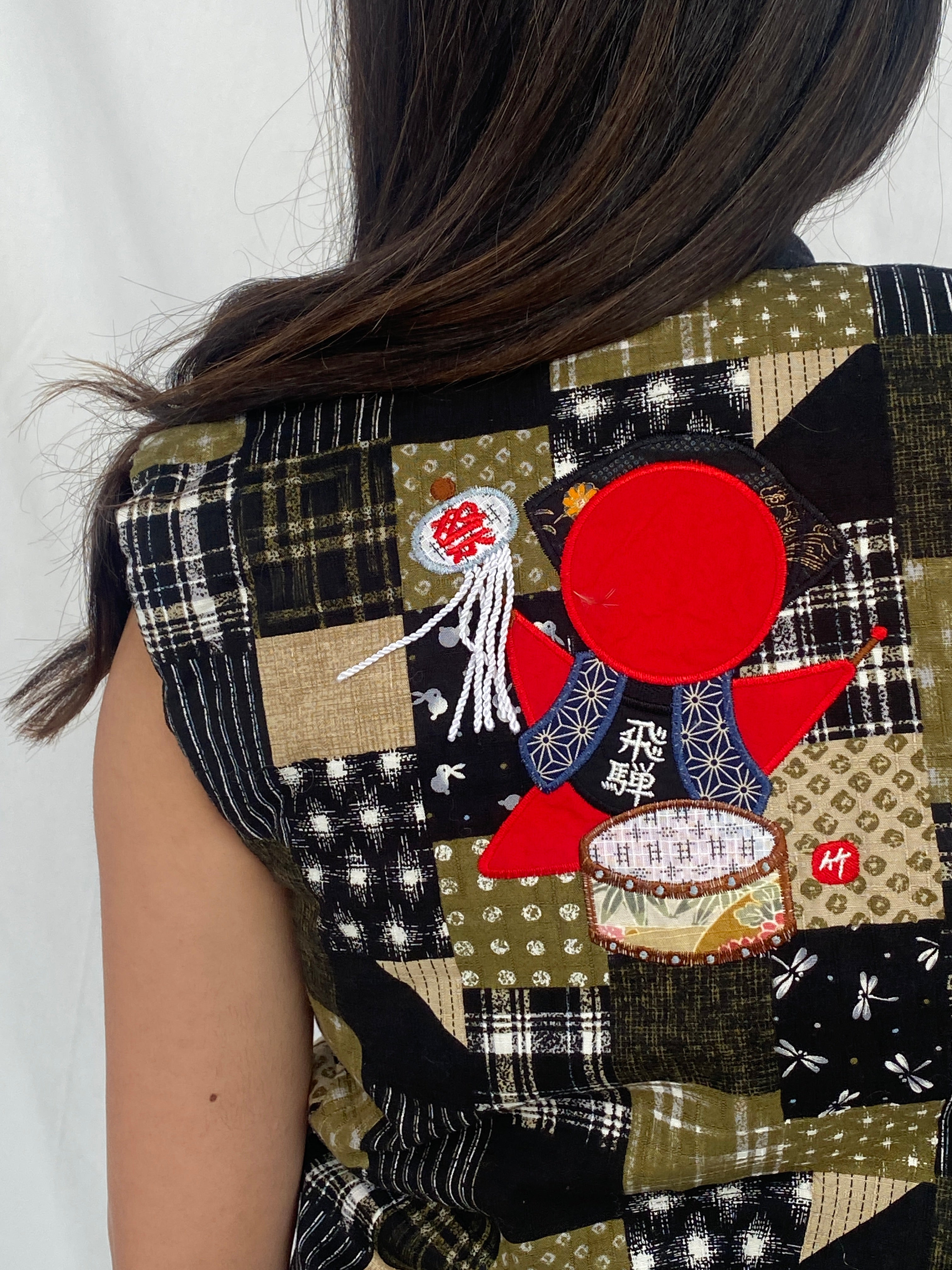 Vintage Japanese Green & Black Patchwork Tie-Front Vest with Embroidered Back - XS