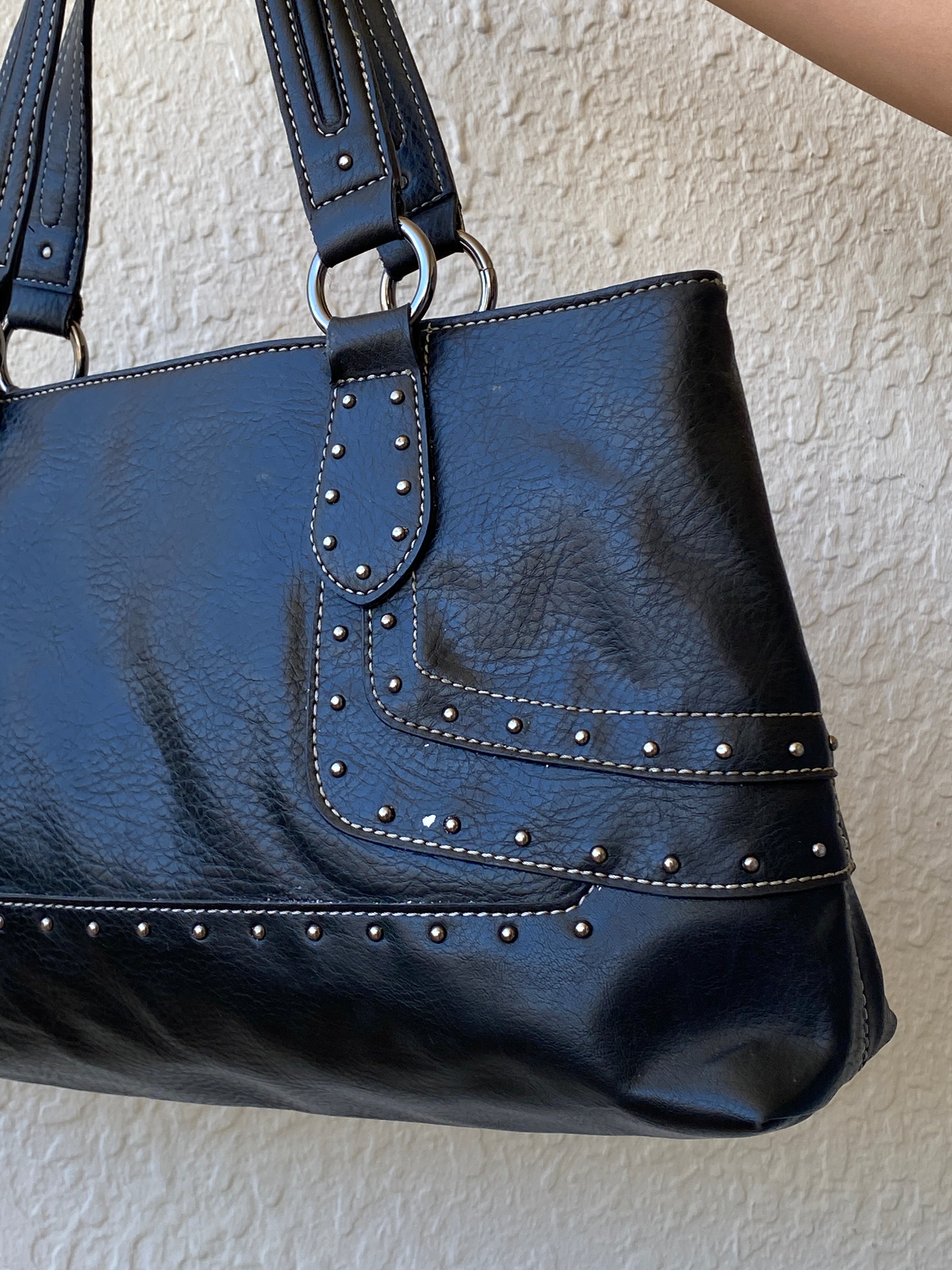 Nine West Faux Leather Studded Black Satchel Purse Women’s Shoulder Bag