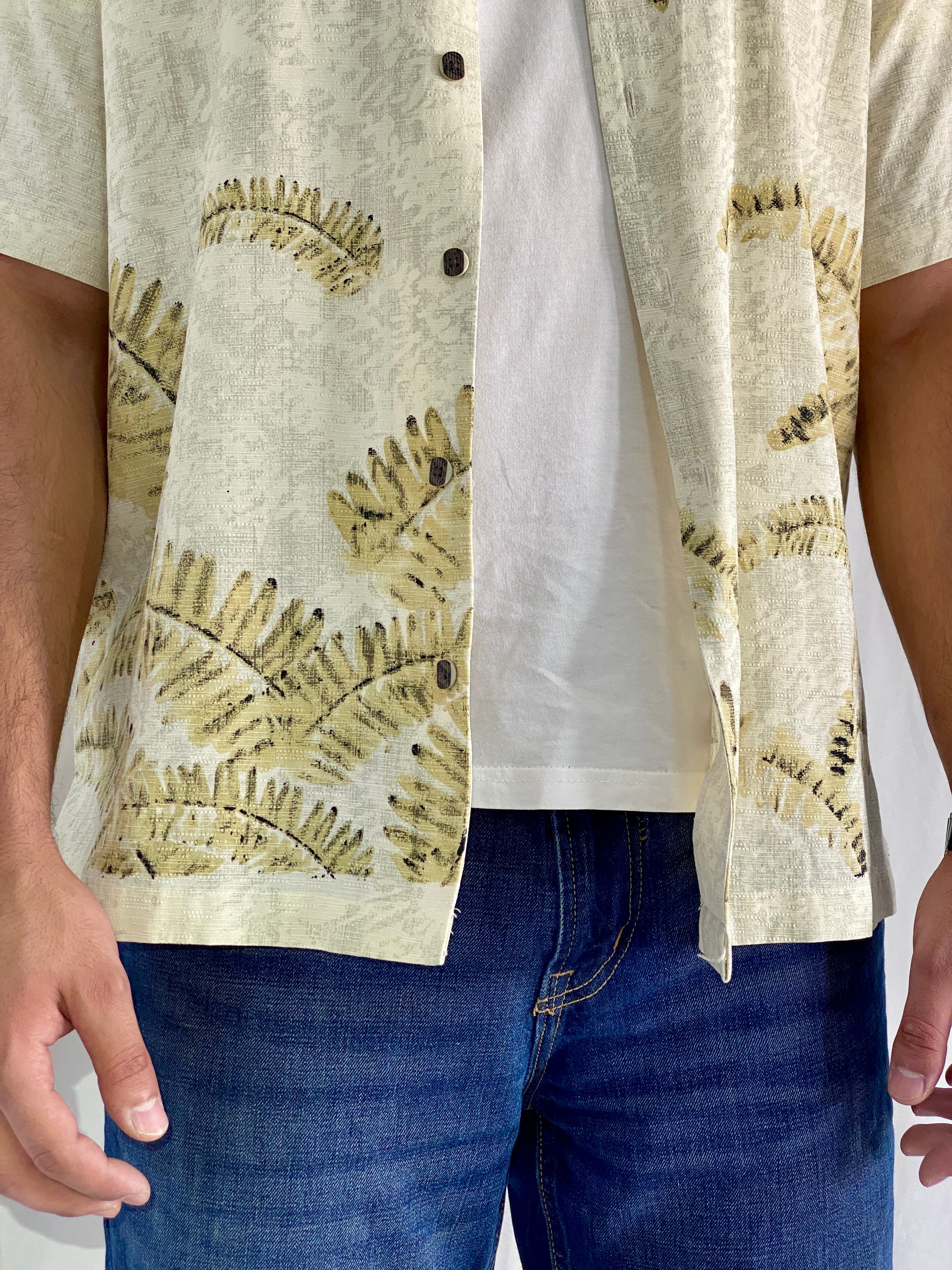 Vintage IZOD Silk-Cotton Blend Palm Print Beige Resort Men’s Shirt - L