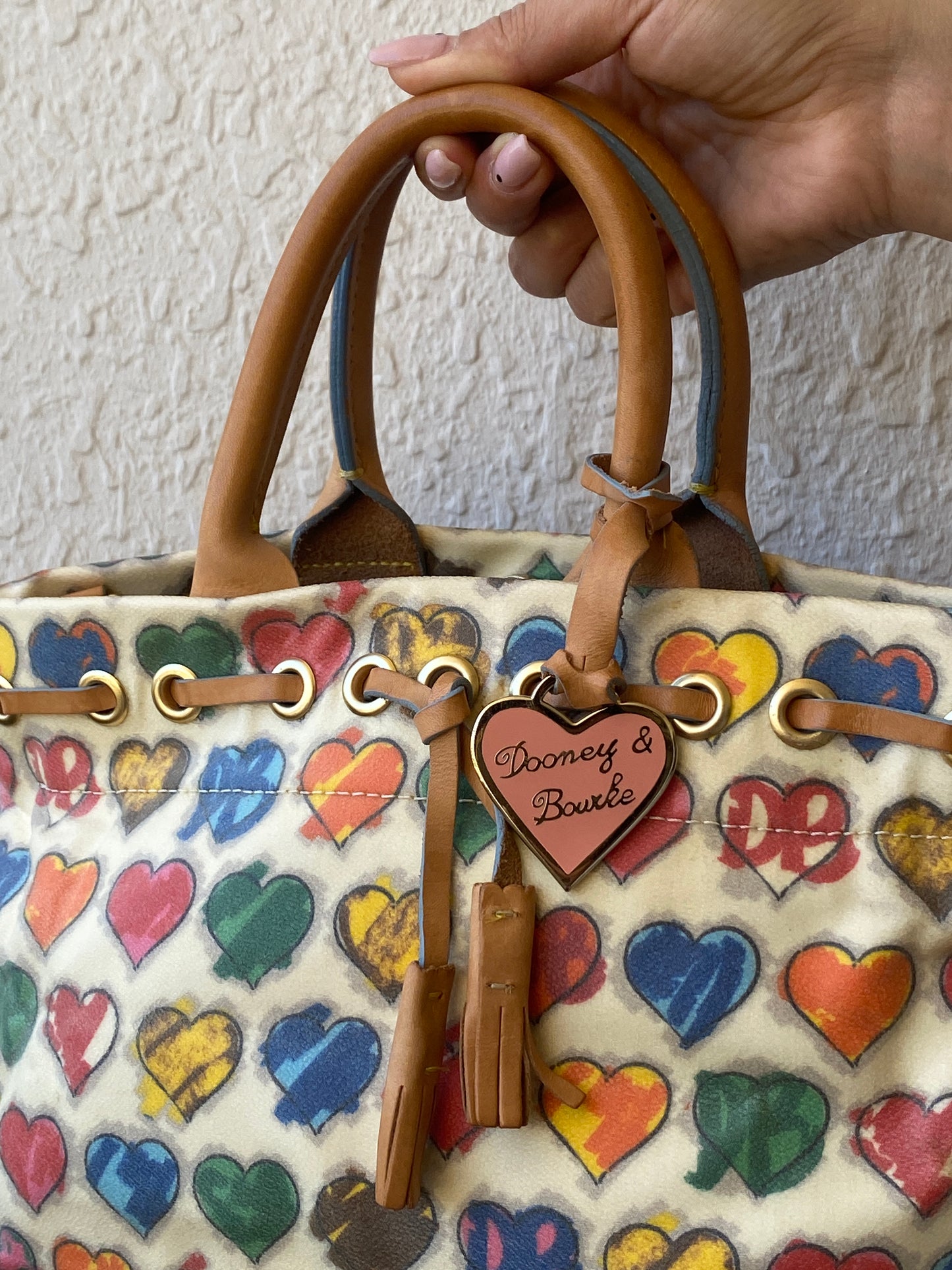 Vintage Dooney & Bourke Crayon Hearts Leather Tassel Satchel