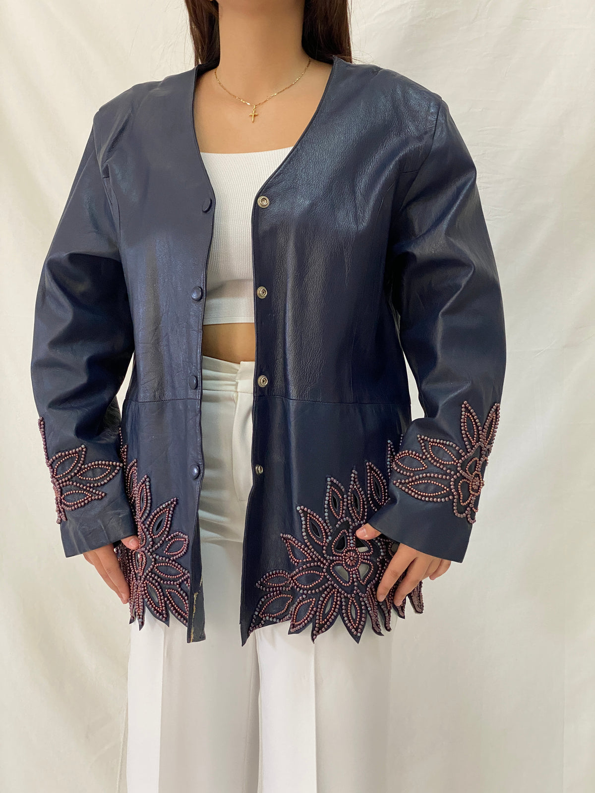 Vintage KOSHAR Genuine Leather Duster Coat Navy Beaded Cut-Out Floral Jacket - XL Vintage KOSHAR Genuine Leather Duster Coat Navy Beaded Cut-Out Floral Jacket - XL
