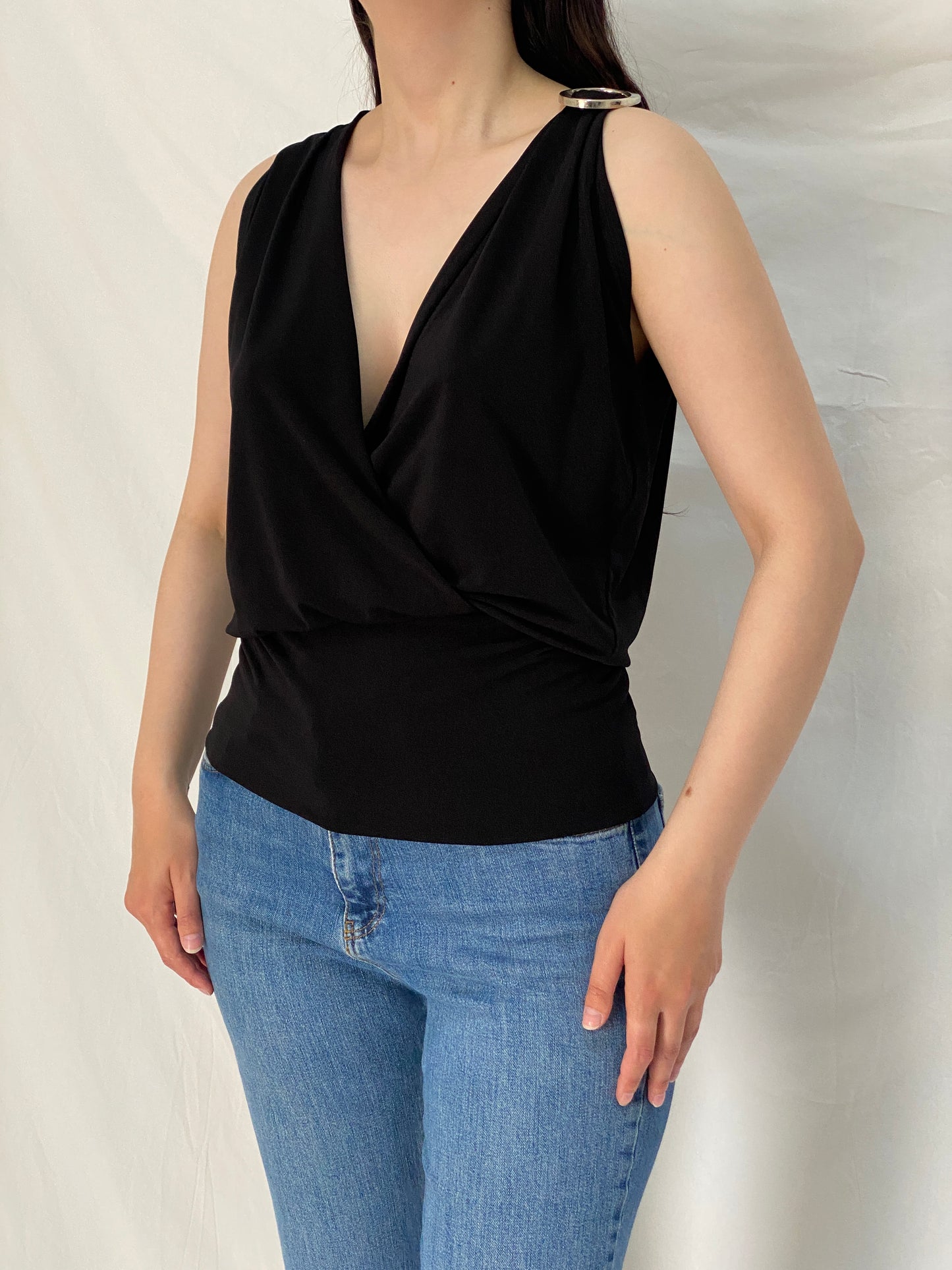 Vintage Y2K Black Glam Draped Party Sleeveless Clubwear Top – S