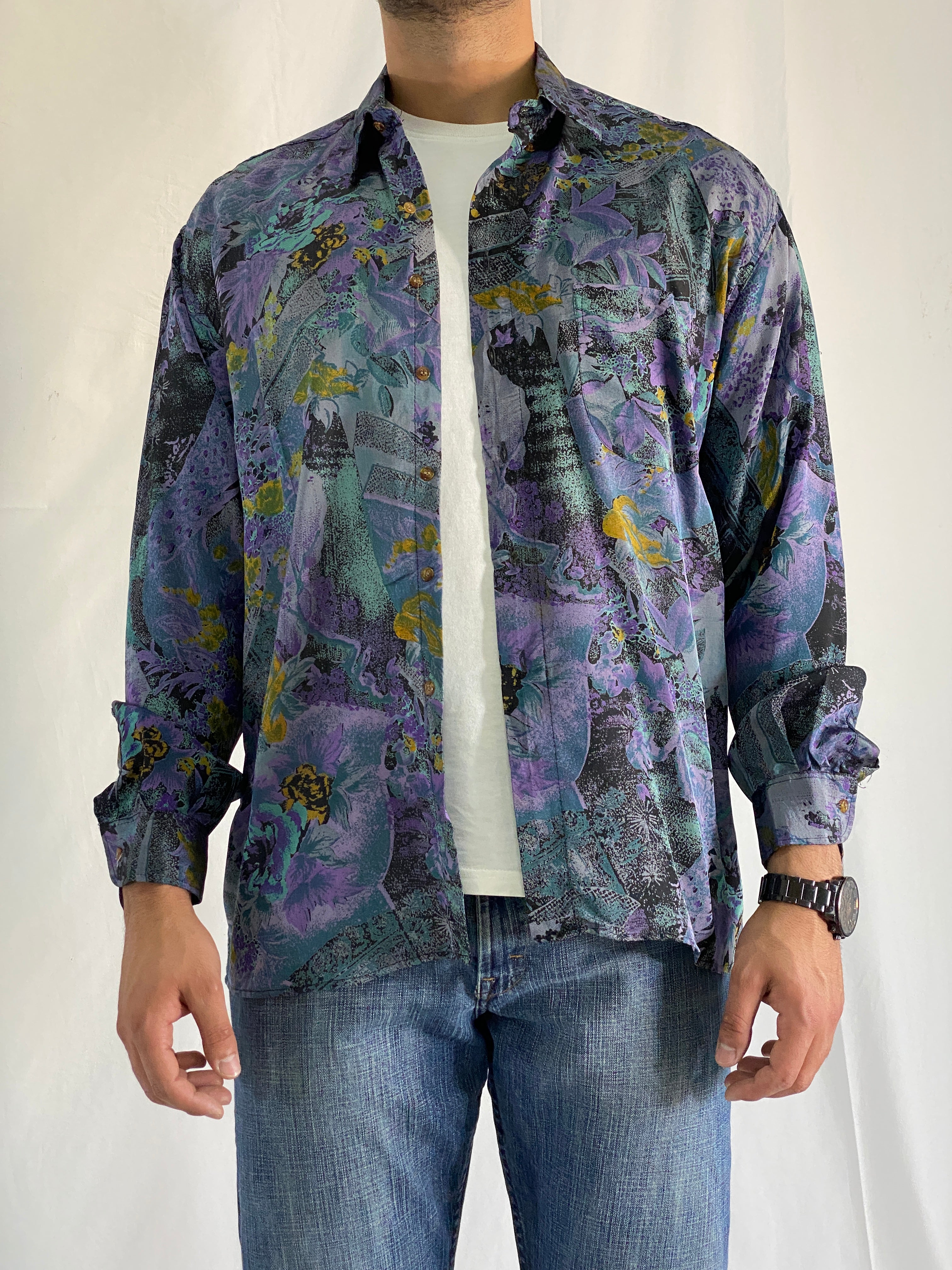 Vintage Purple And Teal Abstract Long Sleeve Floral Men’s Silk Shirt - L