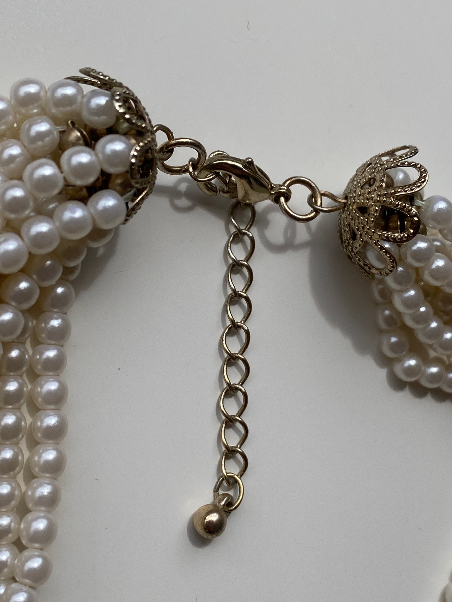 Vintage Cream Multi-Strand Twisted Faux Pearl Torsade Necklace with Filigree Gold End Caps