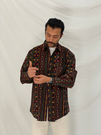 Vintage 90s Mekay Geometric Tribal Stripe Button Up Shirt Abstract Long Sleeve Oversized Fit - L