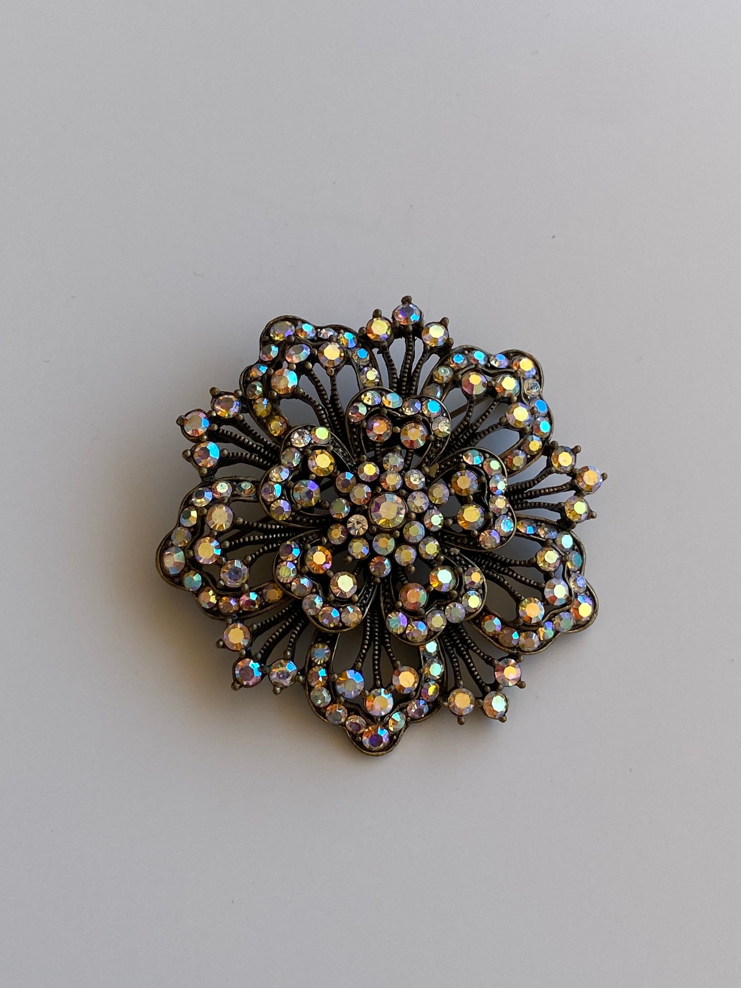 Vintage Aurora Borealis Rhinestone Bronze Floral Statement Brooch