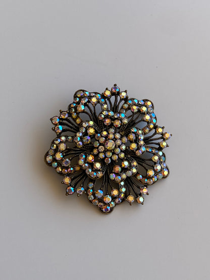 Vintage Aurora Borealis Rhinestone Bronze Floral Statement Brooch