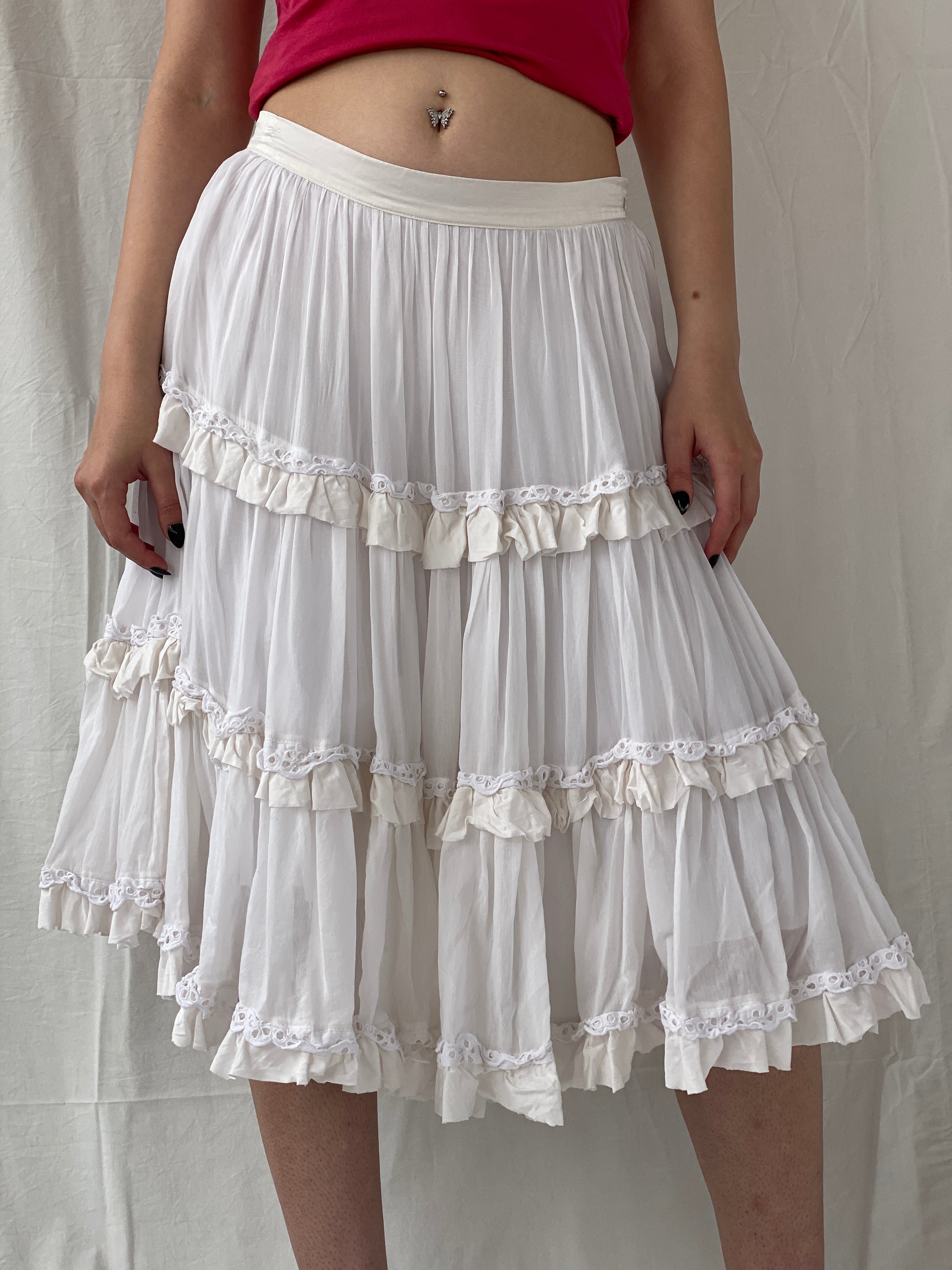 Gorgeous Vintage Monnalisa Chic White Tiered Bohemian Layered Midi Skirt - M