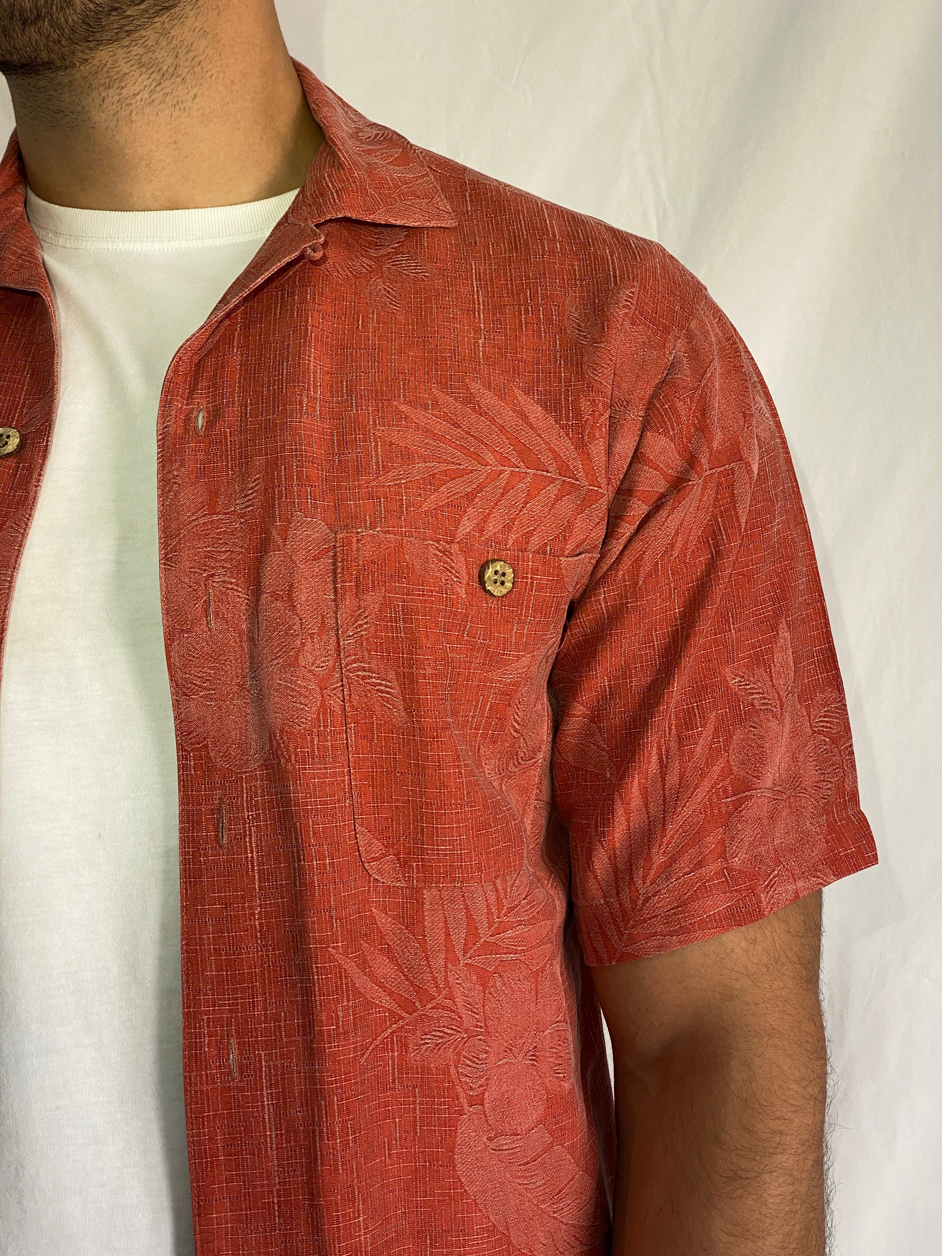 Vintage Island Shores Original Island Wear Washable Silk Red Jacquard Shirt - S
