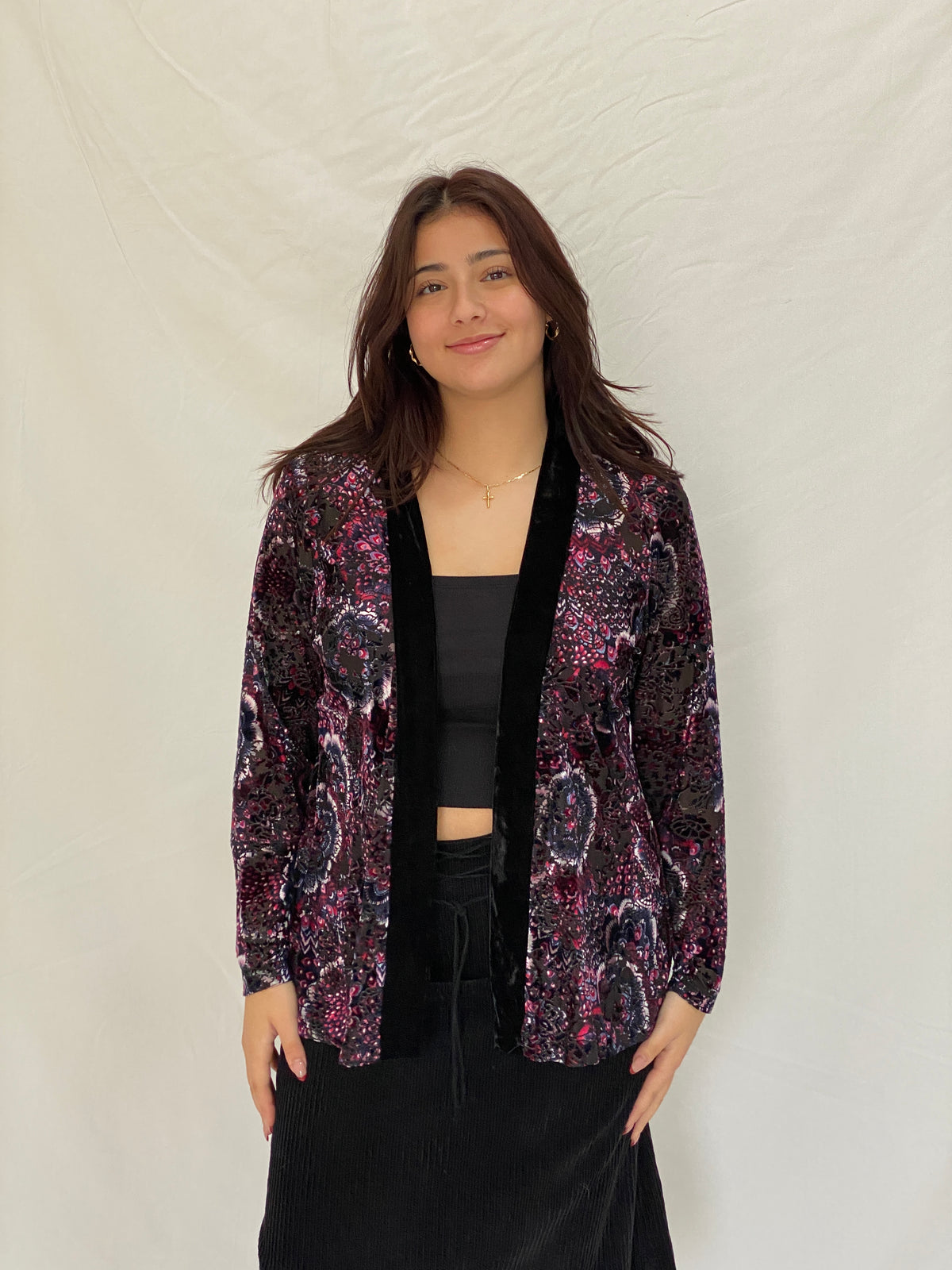 Vintage Millers Black Velvet Floral Paisley Open-Front Cardigan - L Vintage Millers Black Velvet Floral Paisley Open-Front Cardigan - L