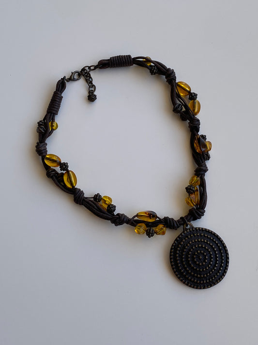 Vintage Y2K Boho Brown Cord Amber Bead Spiral Medallion Statement Necklace