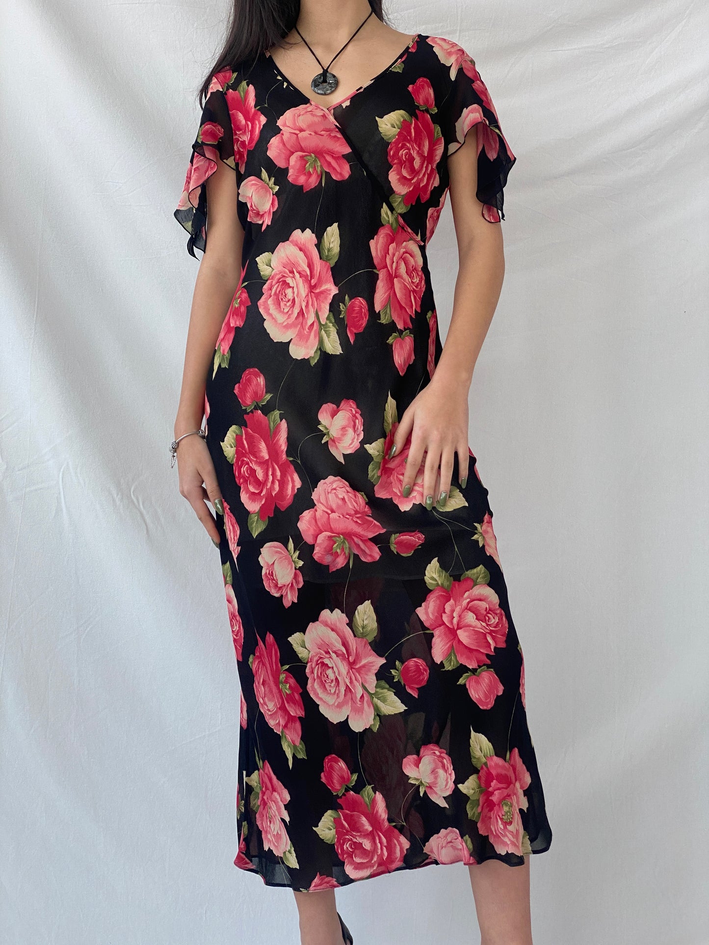 Beautiful 90s Wallis Floral Pink and Black Full Sheer Maxi Dress - M