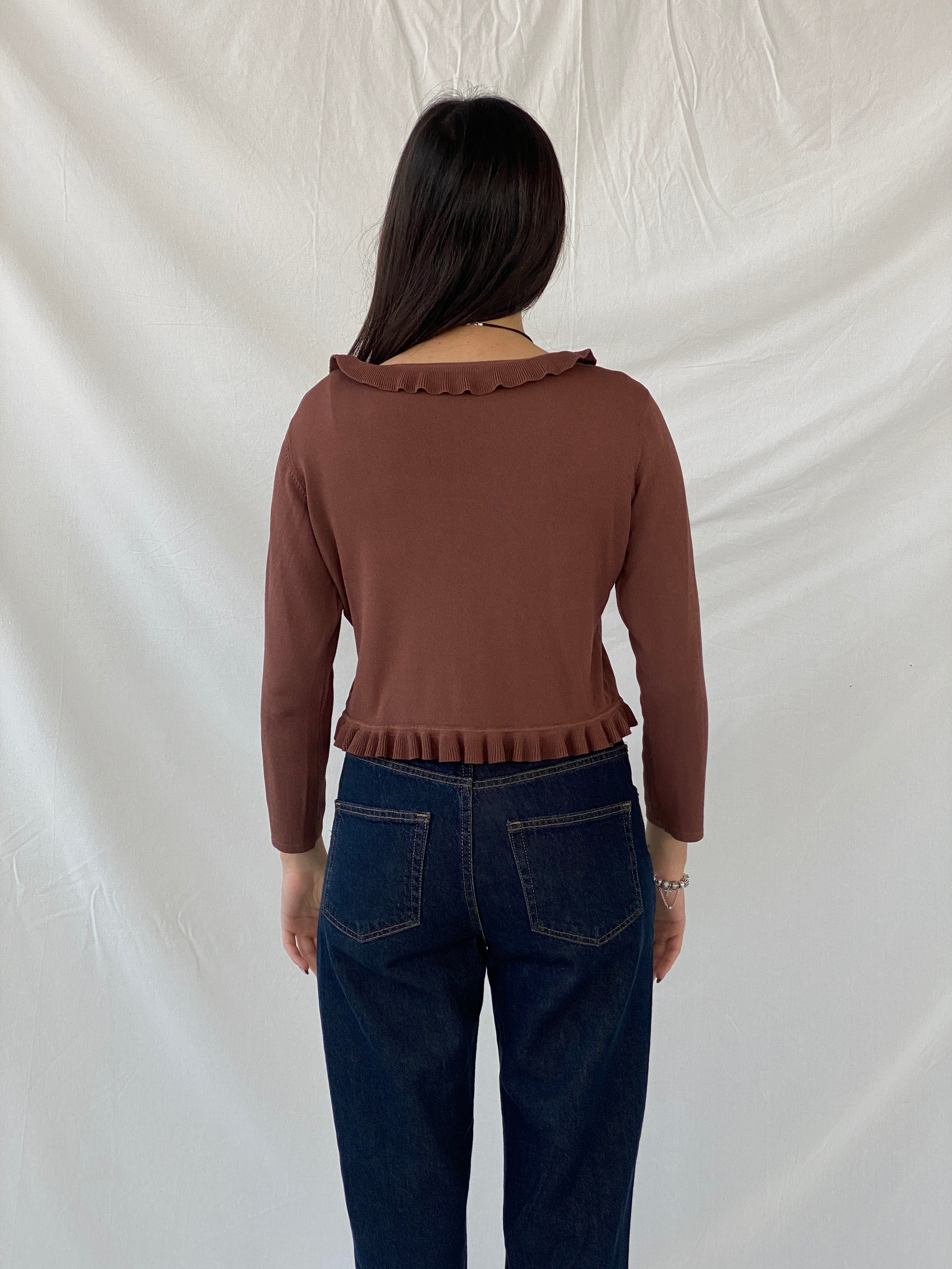 00s Jacqueline Riu Brown Ruffled Trim Tie Front Cropped Cardigan - L