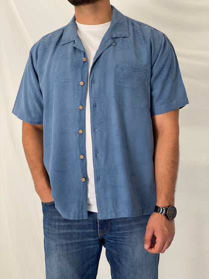 Vintage Batik Bay Blue 100% Silk Hawaiian Camp Jacquard Shirt – XL
