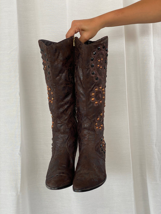 Y2K Two Tips Brown Studded Cowboy Western Boots - 38.5