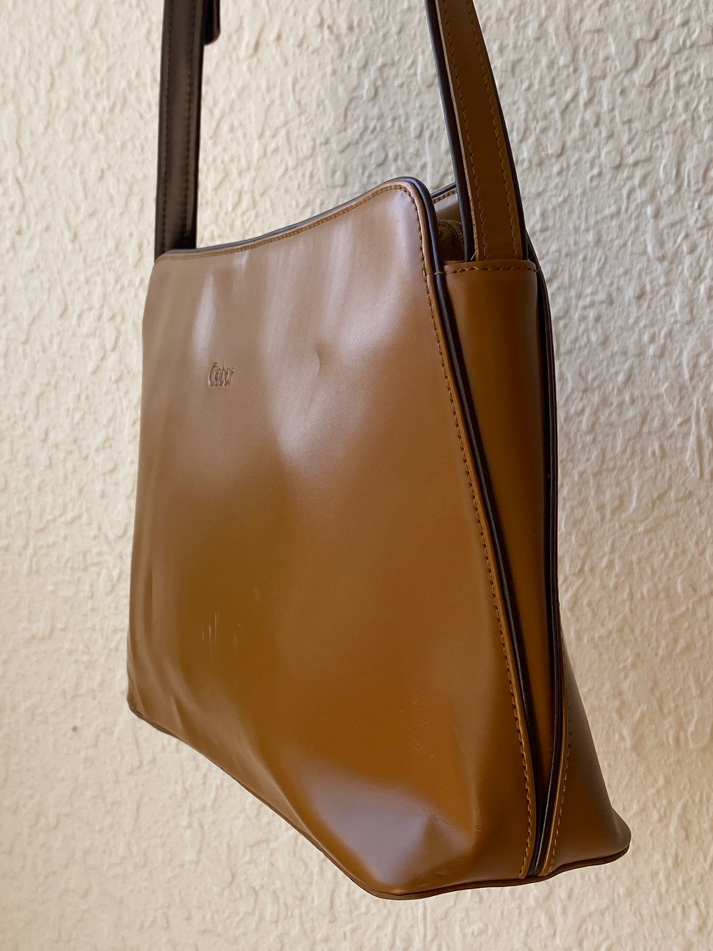 Vintage 90s Gabor Cognac Brown Glossy Minimalist Shoulder Bag