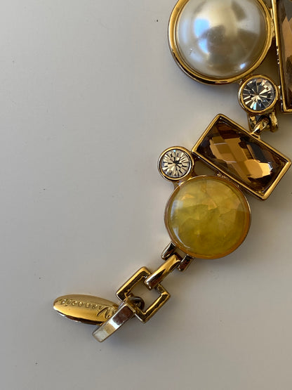 Viannois Geometric Pearl & Crystal Gold Tone Statement Link Bracelet