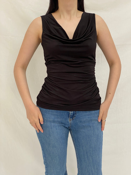 Vintage Y2K Black Ruched Cowl Neck Top Cache Stretch Fitted Open Back - S