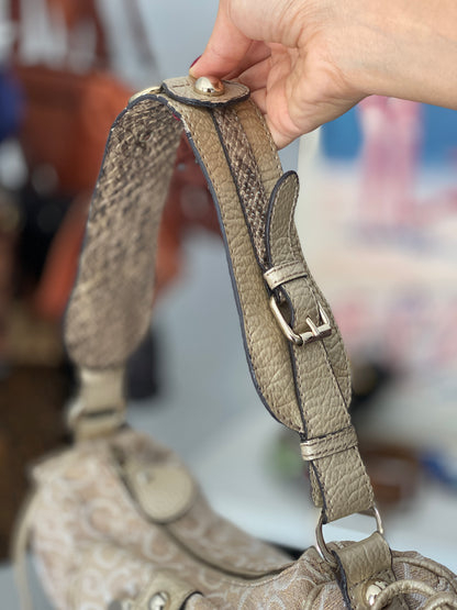 Vintage Y2K Guess Beige Monogram Canvas Moto Hobo Shoulder Bag