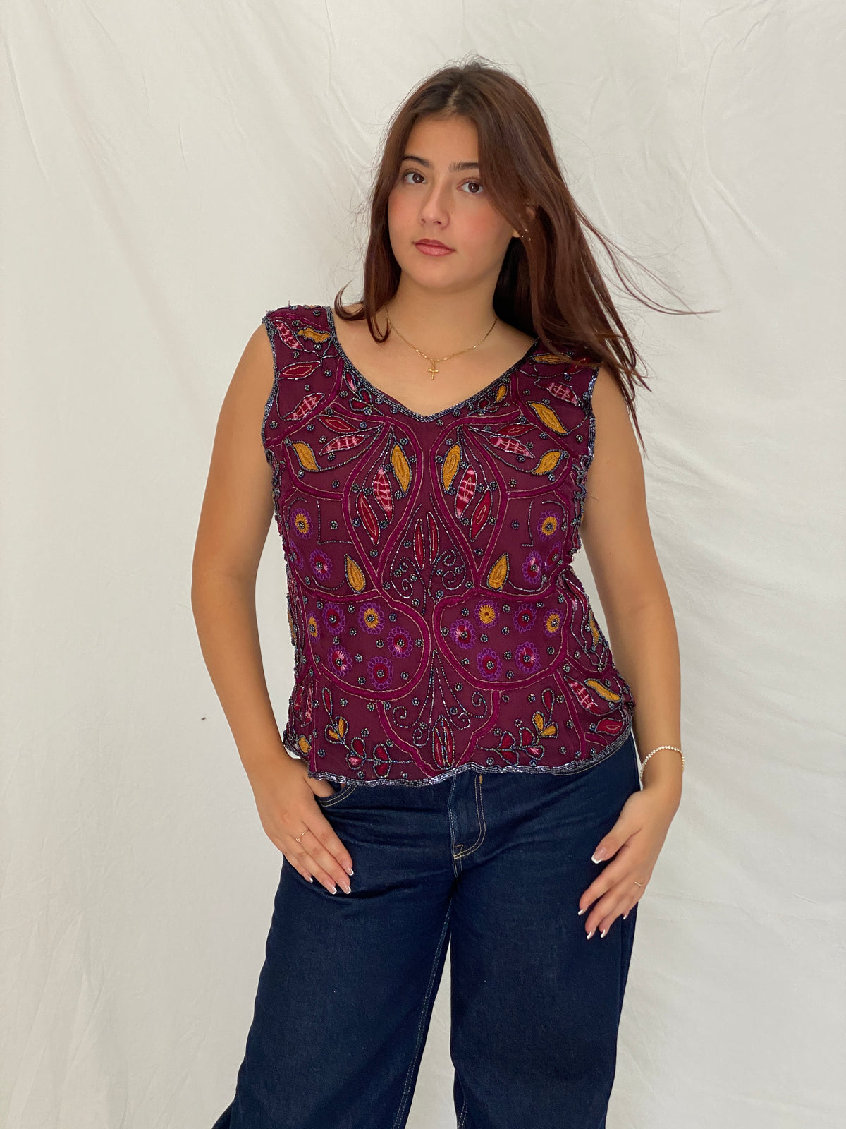 Vintage Beaded Embroidered Burgundy Handmade Evening Top - L Vintage Beaded Embroidered Burgundy Handmade Evening Top - L