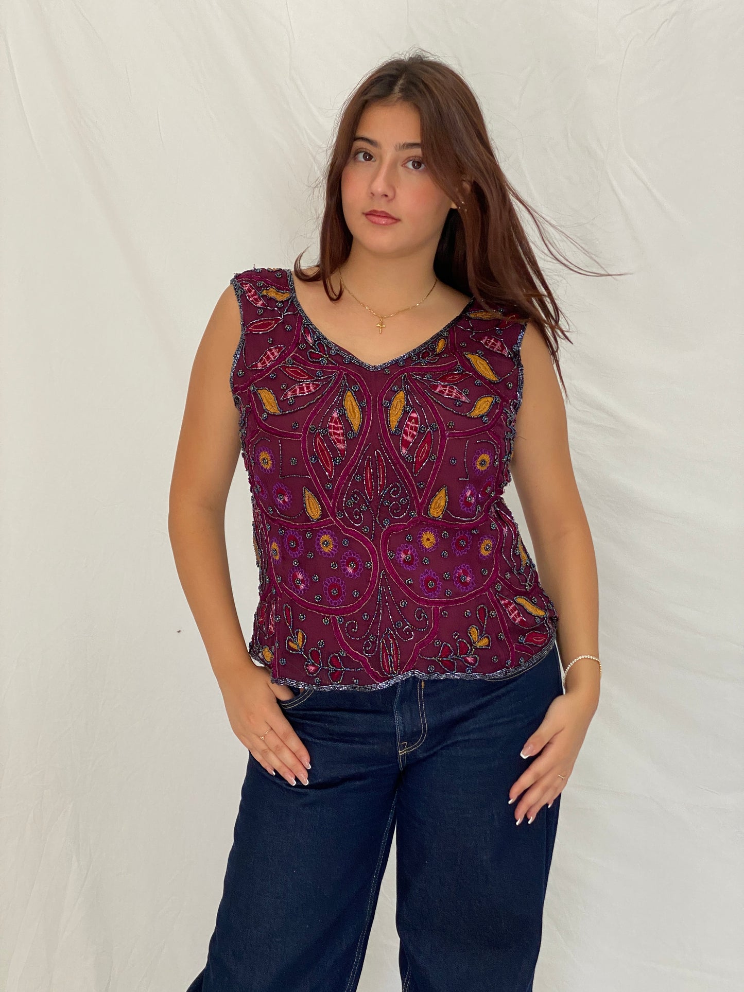 Vintage Beaded Embroidered Burgundy Handmade Evening Top - L