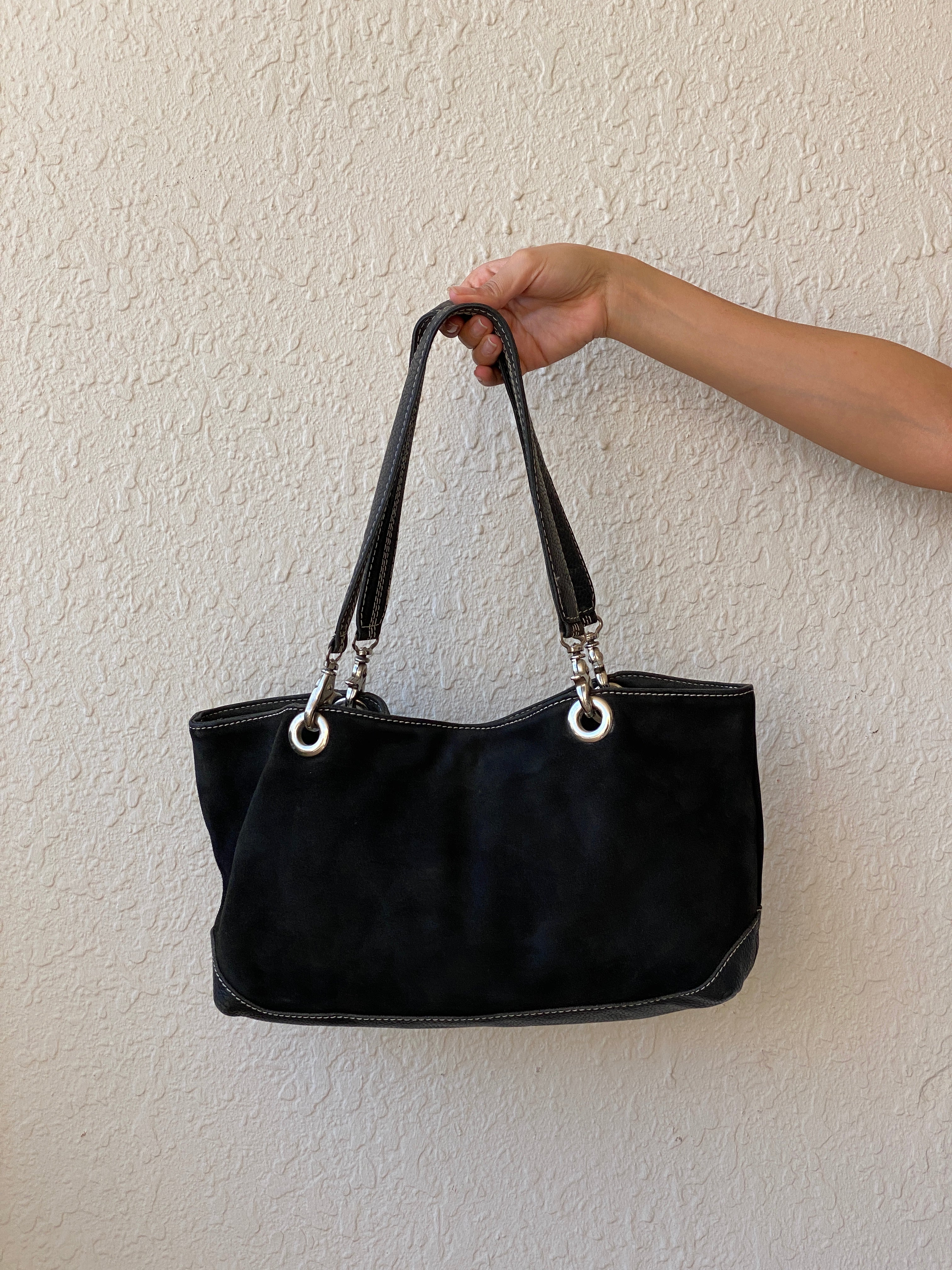 Vintage 90s J.Jill Black Genuine Suede Shoulder Bag with Leather Handles Classic Medium Purse