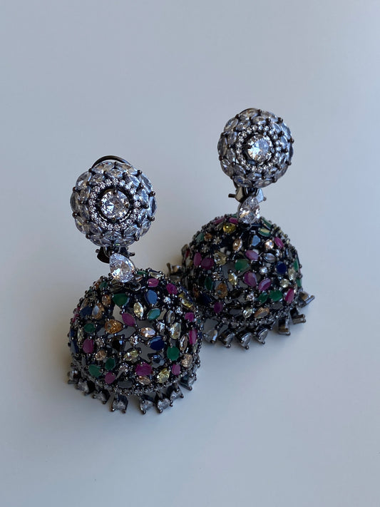 Vintage-Inspired Multicolor Rhinestone Gunmetal Jhumka Statement Earrings