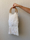 Gorgeous White Crochet Macrame Wooden Handle Beach Handbag
