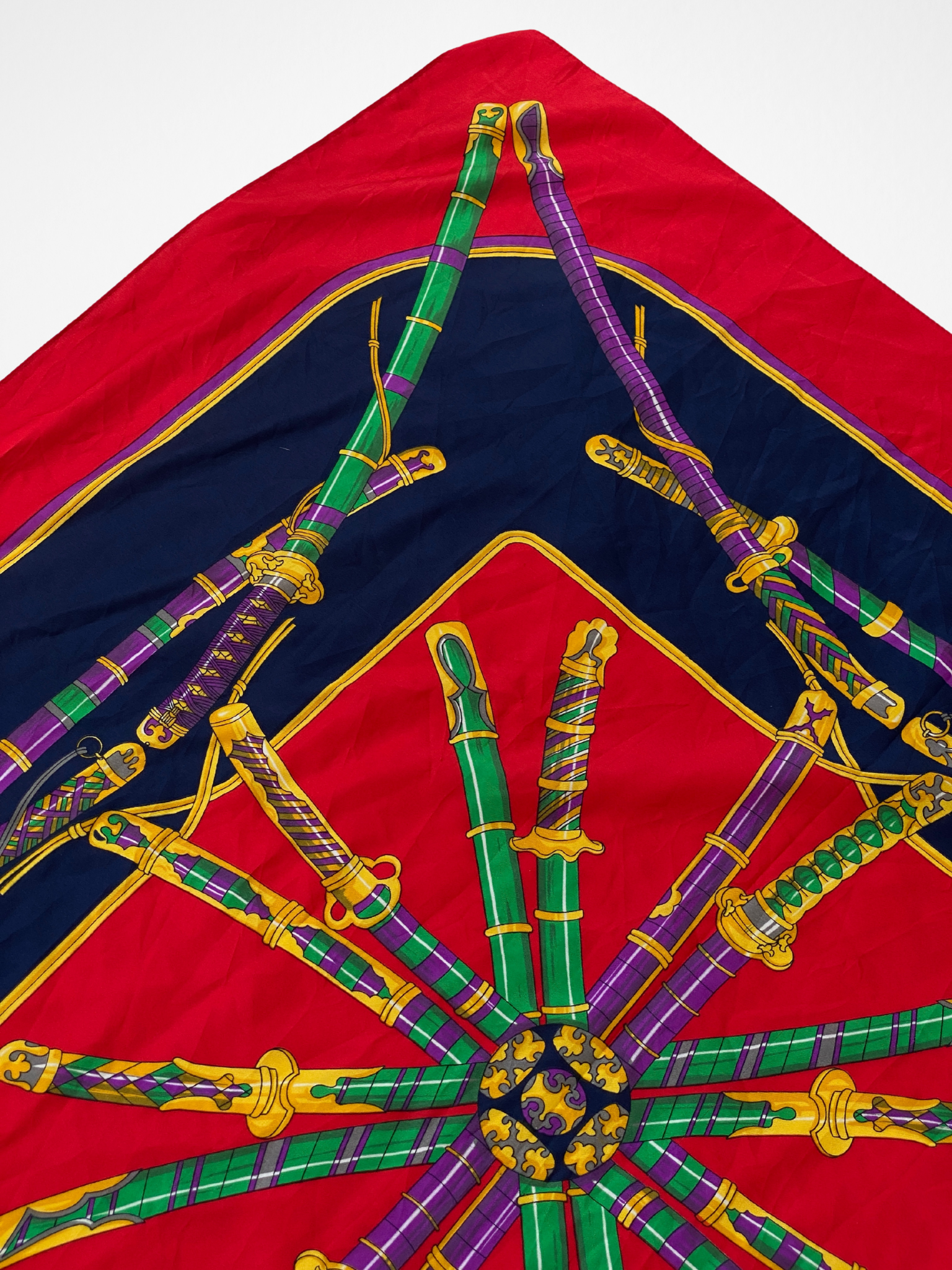 Statement Vintage JAGO Red Navy Sword Motif Square Scarf