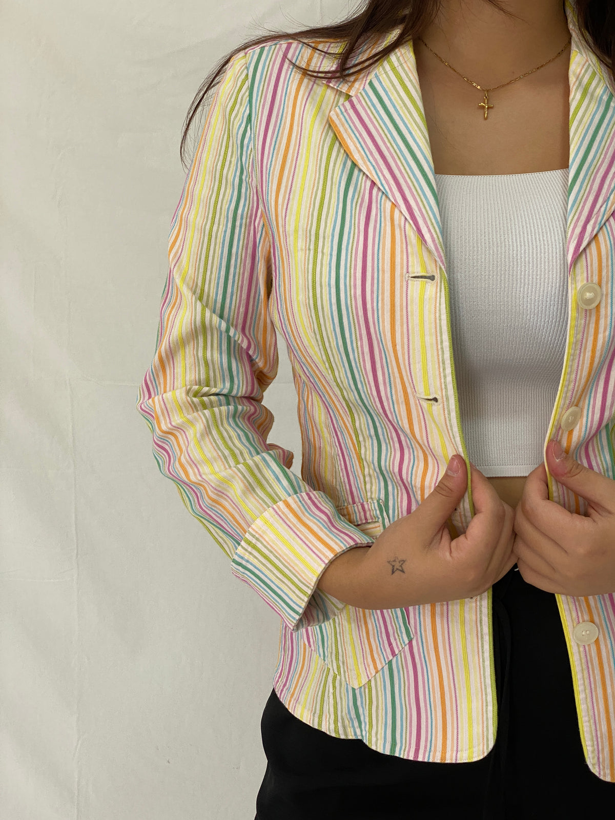 Vintage Y2K Preppy Verse Pastel Striped Rainbow Blazer - S Vintage Y2K Preppy Verse Pastel Striped Rainbow Blazer - S
