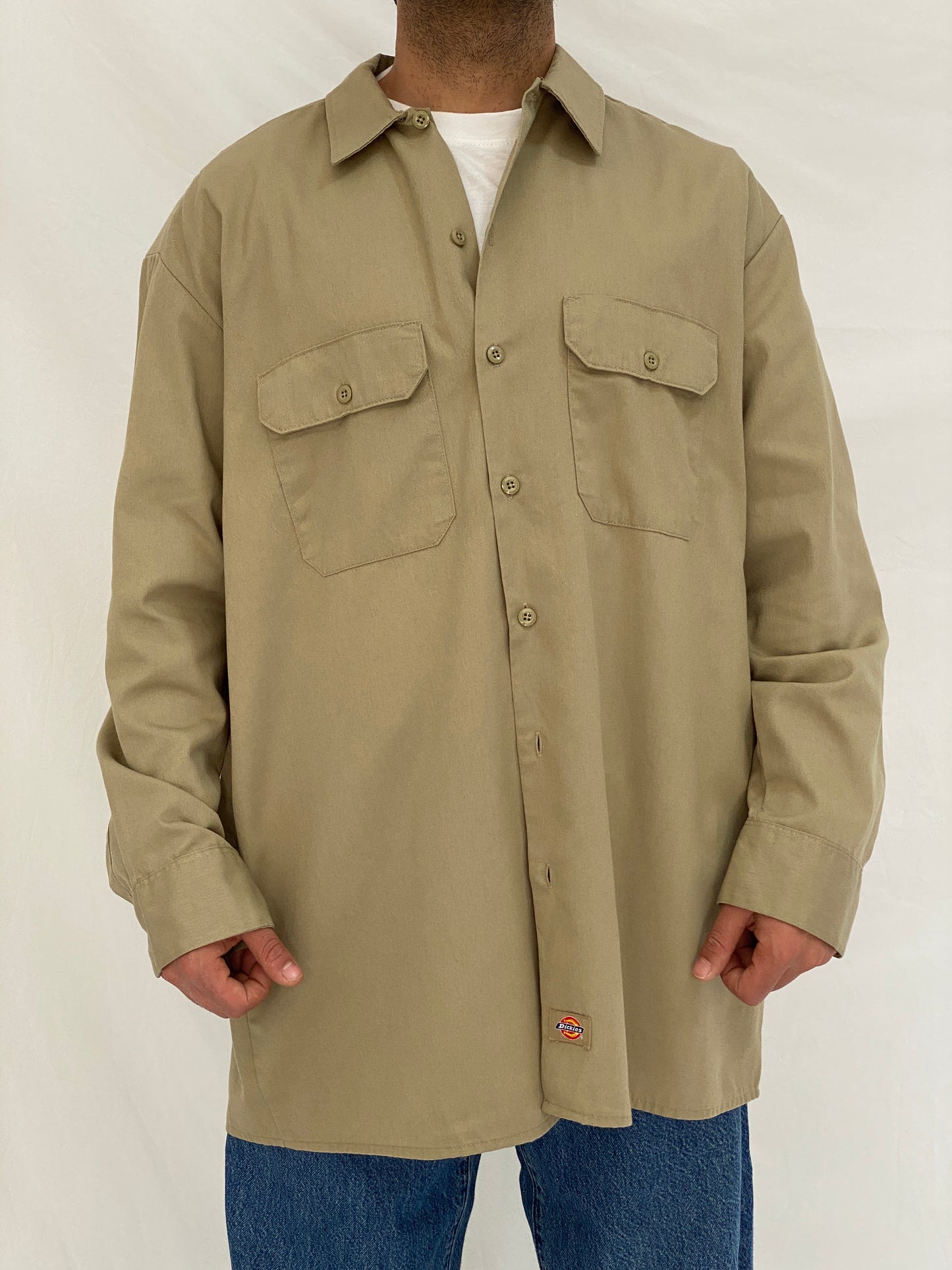 Vintage Dickies Workwear Khaki Button-Up Shirt Beige Utility Work Shirt - XL