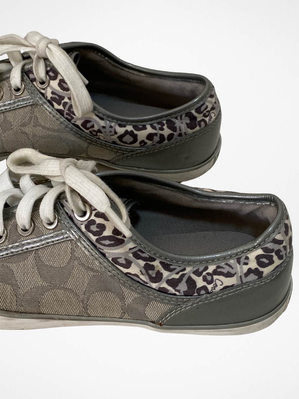 Coach Gray Monogram Canvas Sneakers with Leopard Trim - 38.5EU