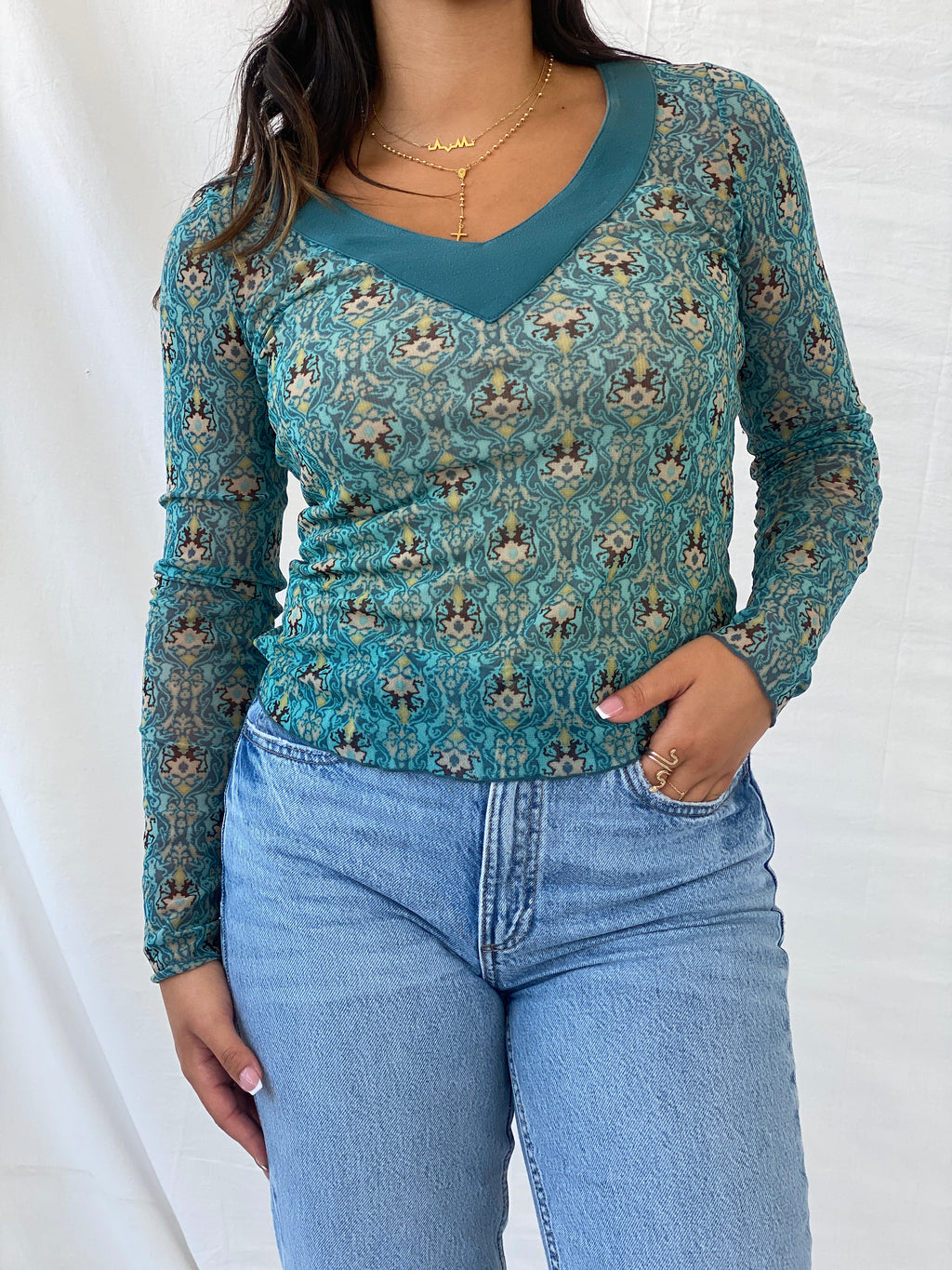 Y2K Mexx Blue Full-Sleeve Printed Mesh Top - S