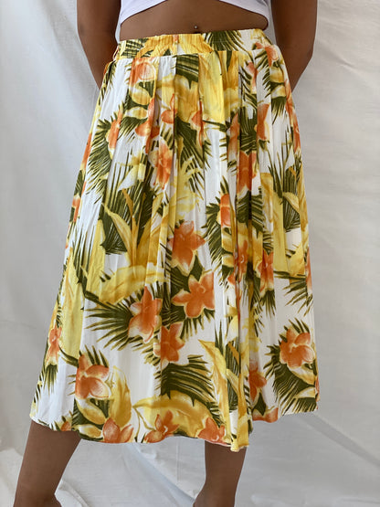 Vintage Orange & Yellow Tropical Print Midi Skirt - L